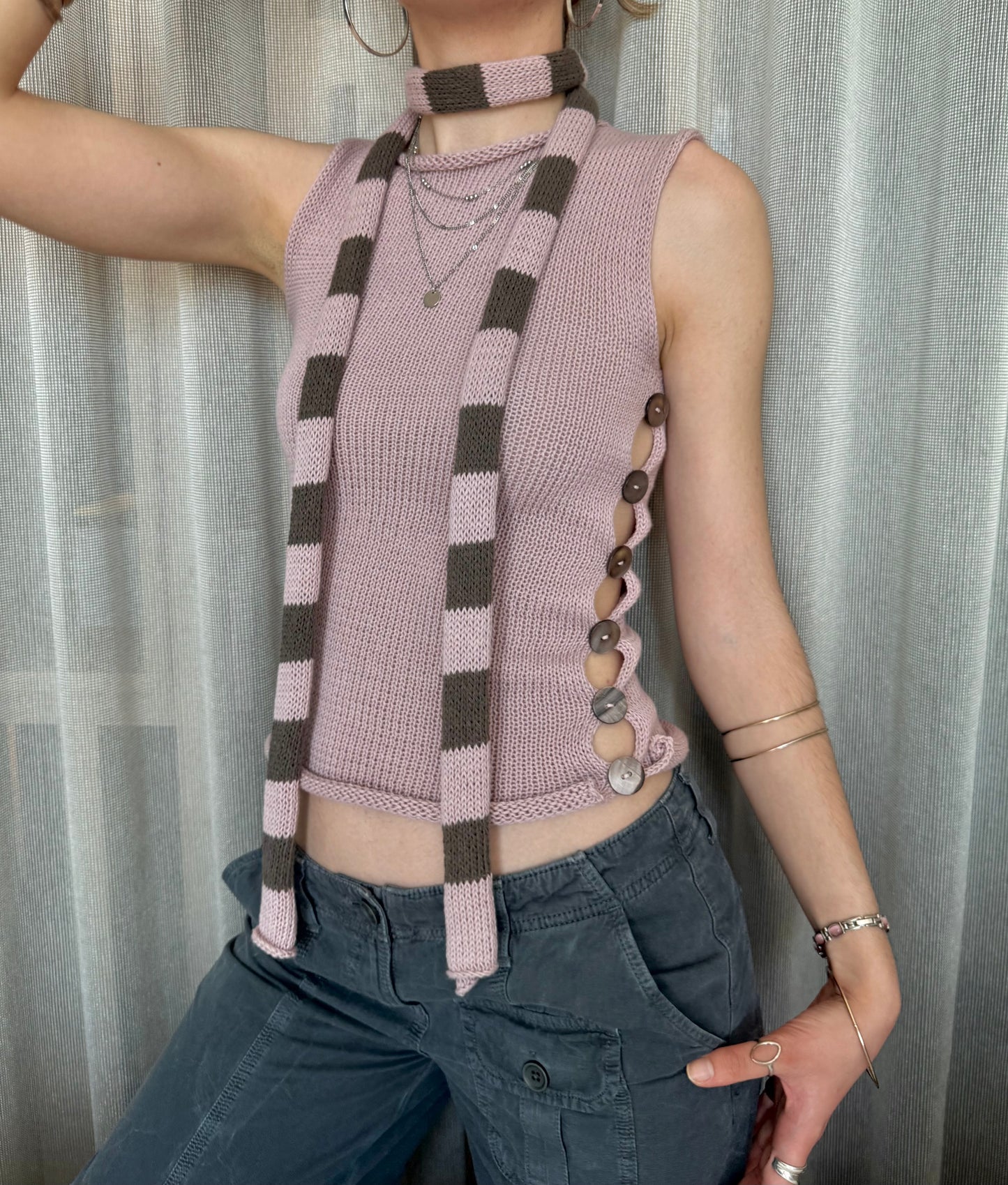 Handmade cotton knitted dusky pink and mocha striped skinny scarf / belt