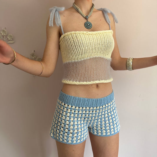 Handmade gingham crochet shorts in baby blue and cream