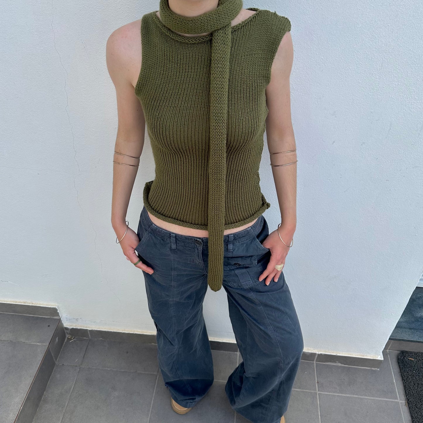 Handmade khaki green off the shoulder knit vest