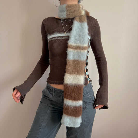 Handmade fluffy baby blue, cream and brown striped scarf - made to order