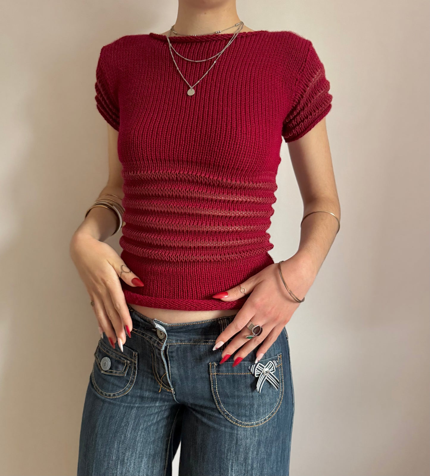 The Ripple Tee in cherry red - handmade shirred top with puff sleeves