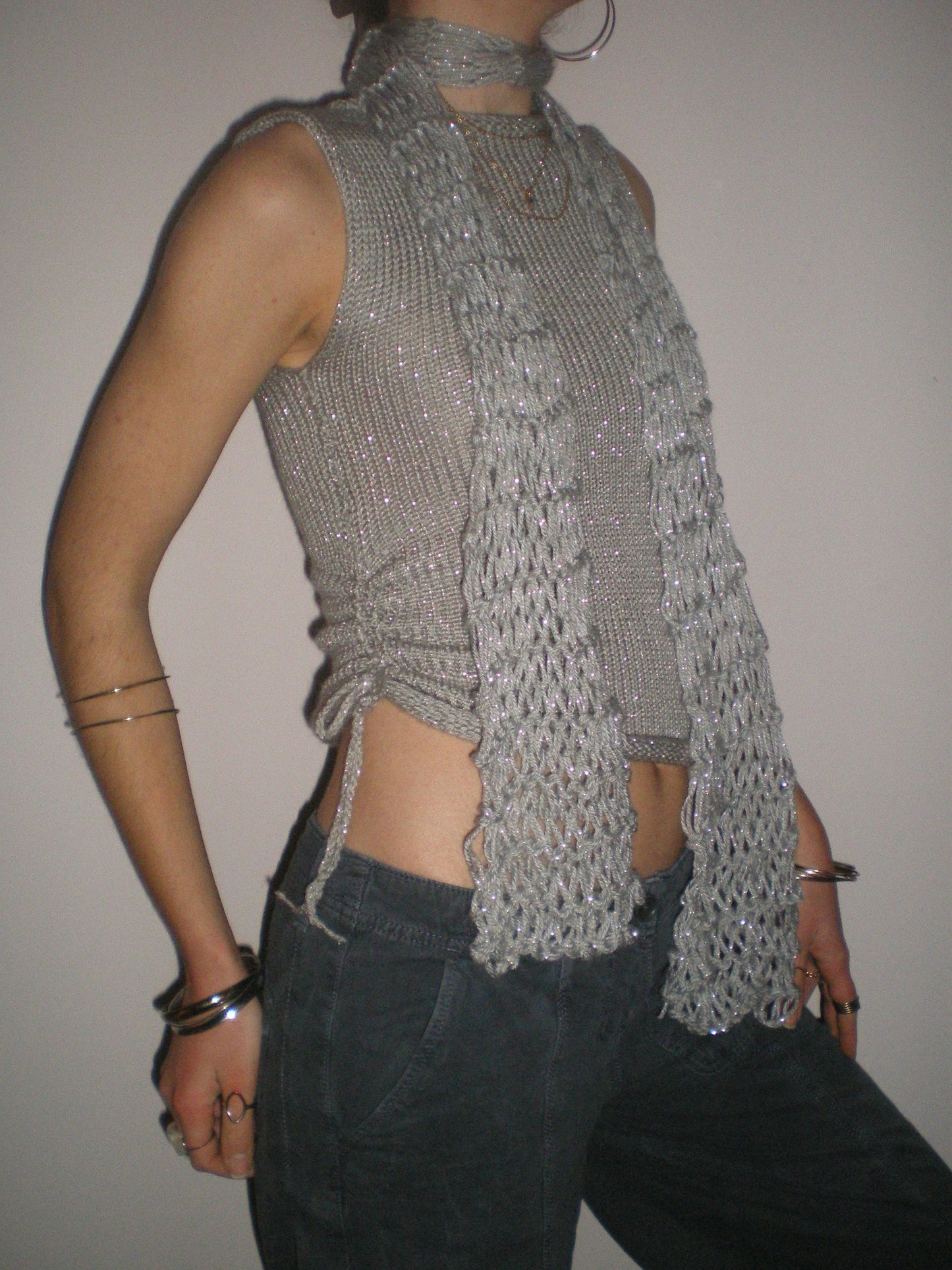 Handmade silver metallic ruched knitted vest