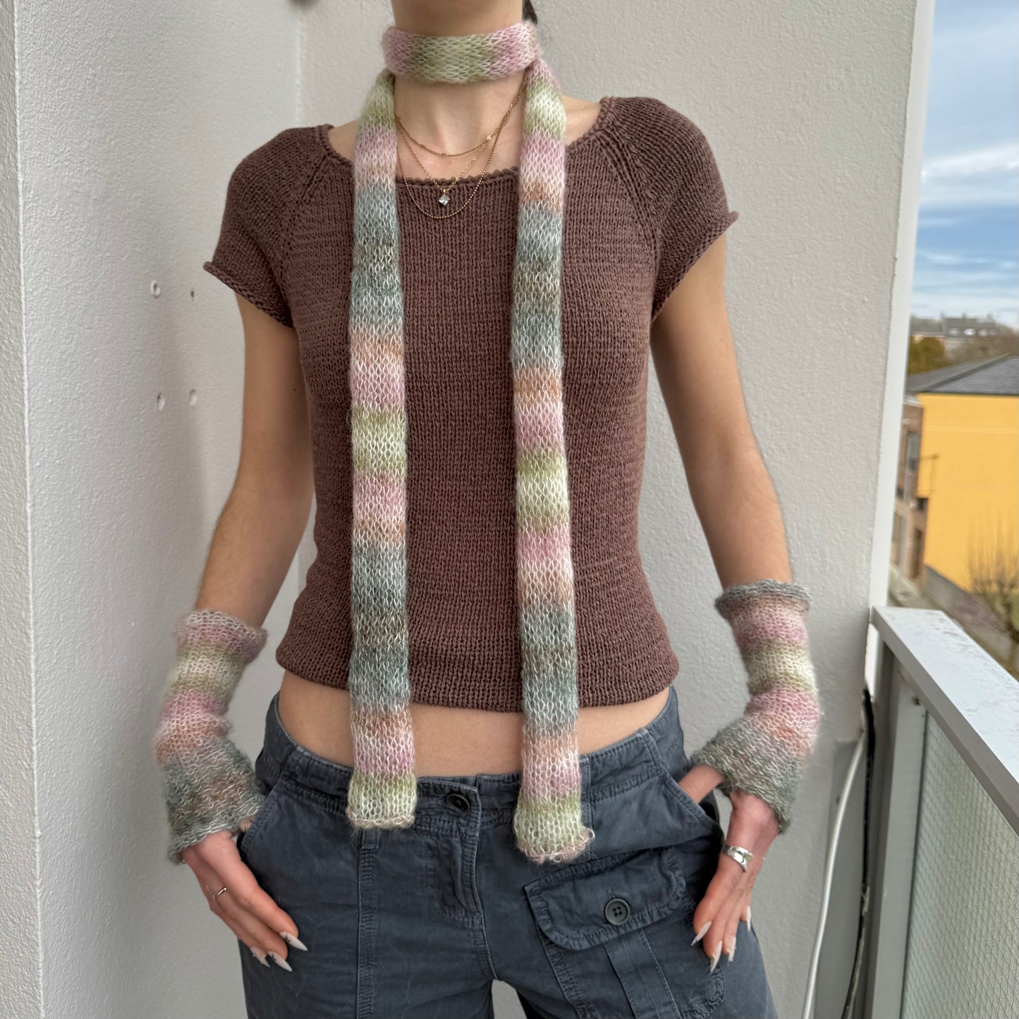 Handmade pastel shades knitted mohair ombré skinny scarf