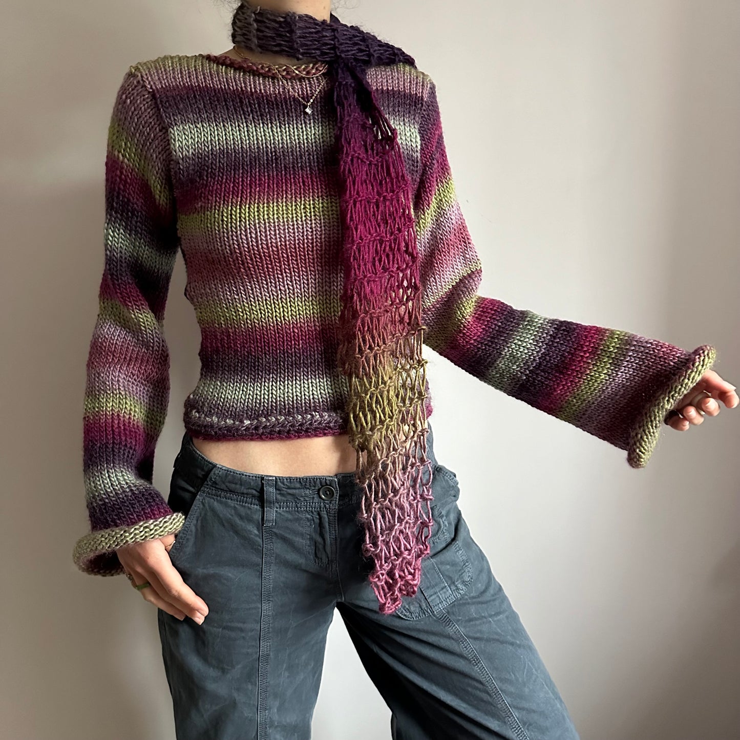 Handmade fishnet knitted scarf in ombré green and purple