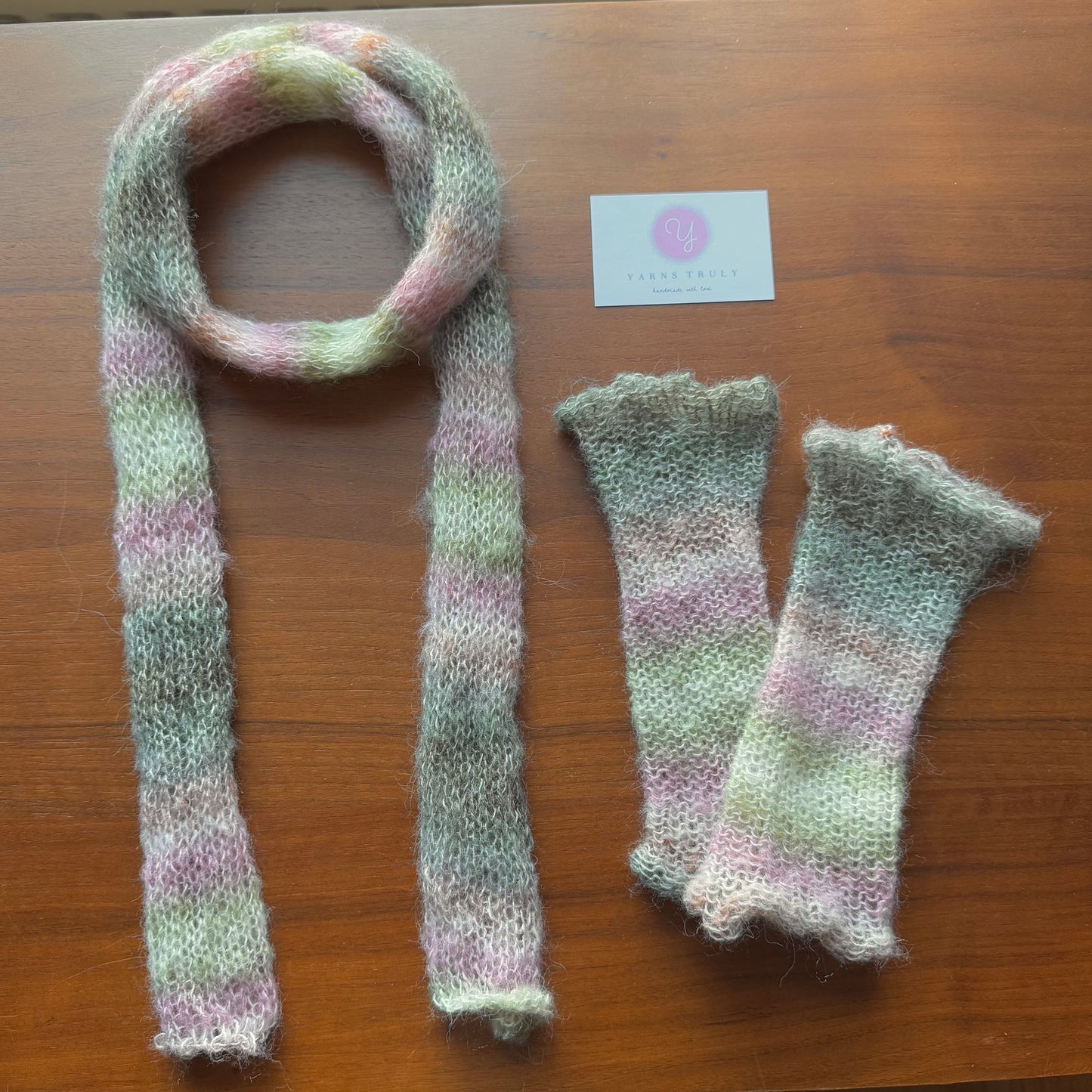 Handmade pastel shades knitted mohair ombré skinny scarf