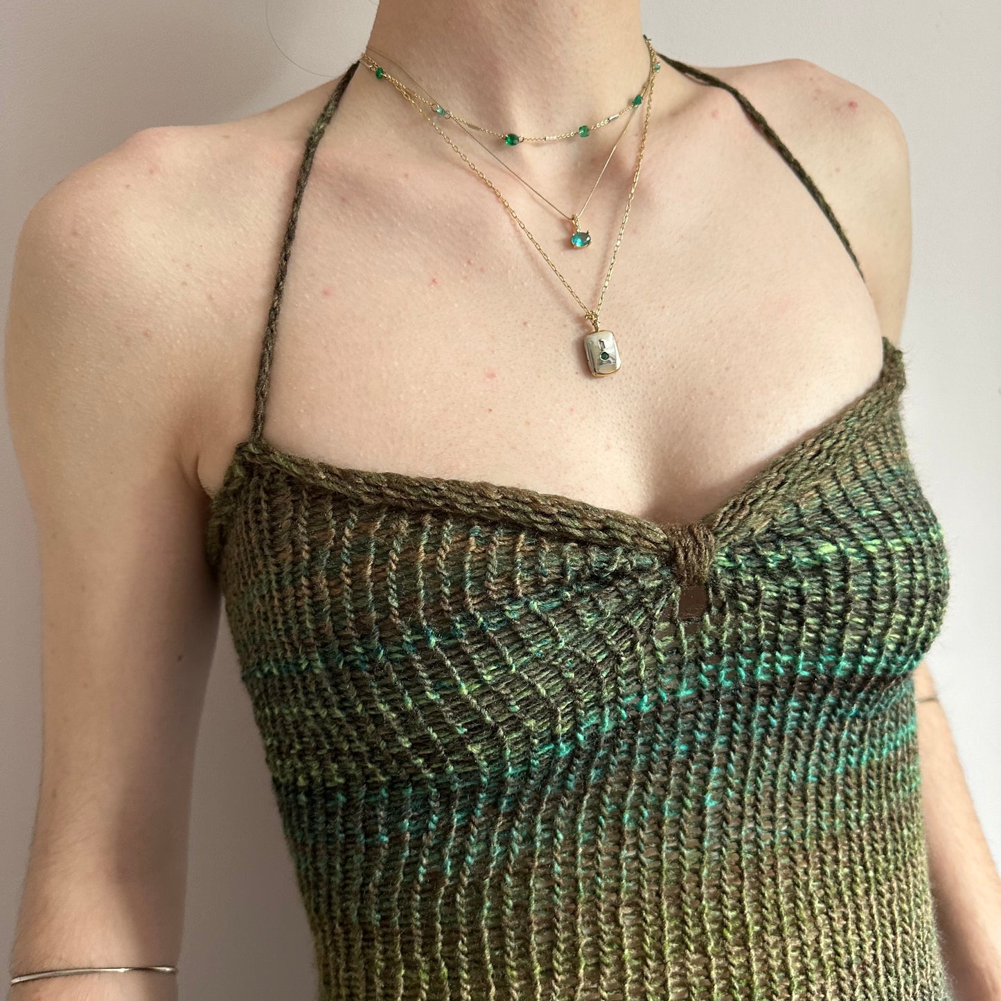 Handmade green and brown ruched bust ombré knitted halter top