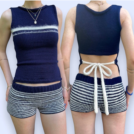 The Blueberry Set - matching striped crochet shorts and knit vest (choose with/without bow)