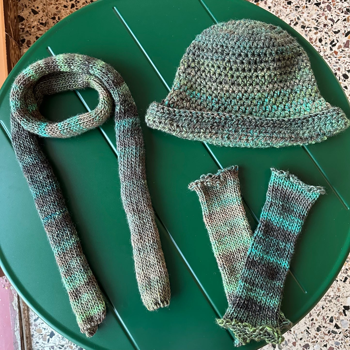 Handmade green and brown chunky ombré crochet bowler hat