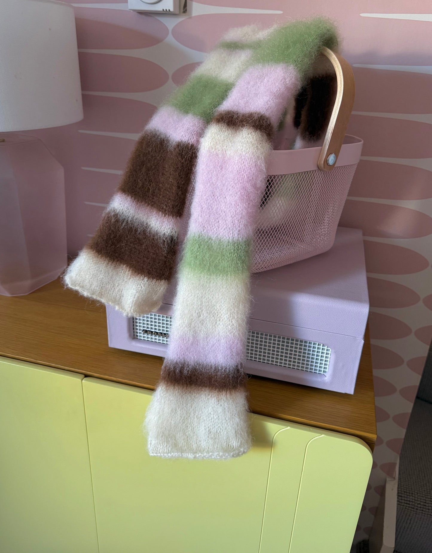 Handmade cream, light green, brown and baby pink fluffy striped scarf - choose full width or skinny 🌸