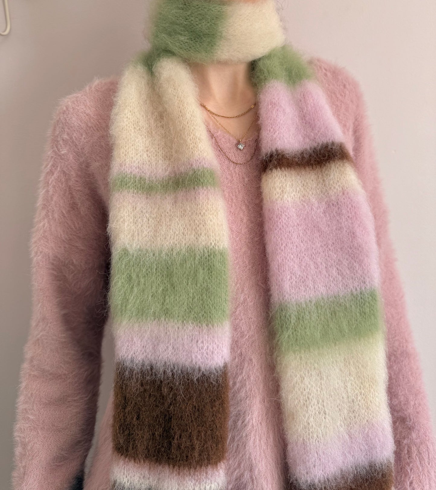 Handmade cream, light green, brown and baby pink fluffy striped scarf - choose full width or skinny 🌸