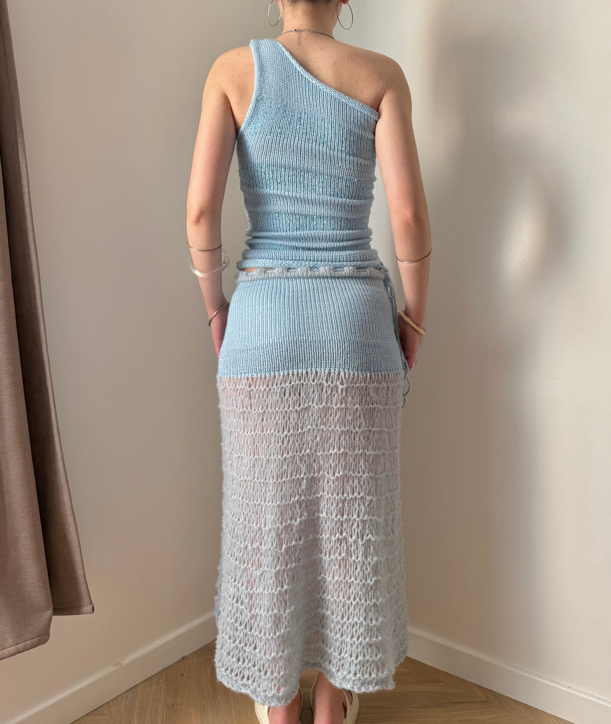 Handmade sparkly draped one shoulder knit top in baby blue (pre made in S)