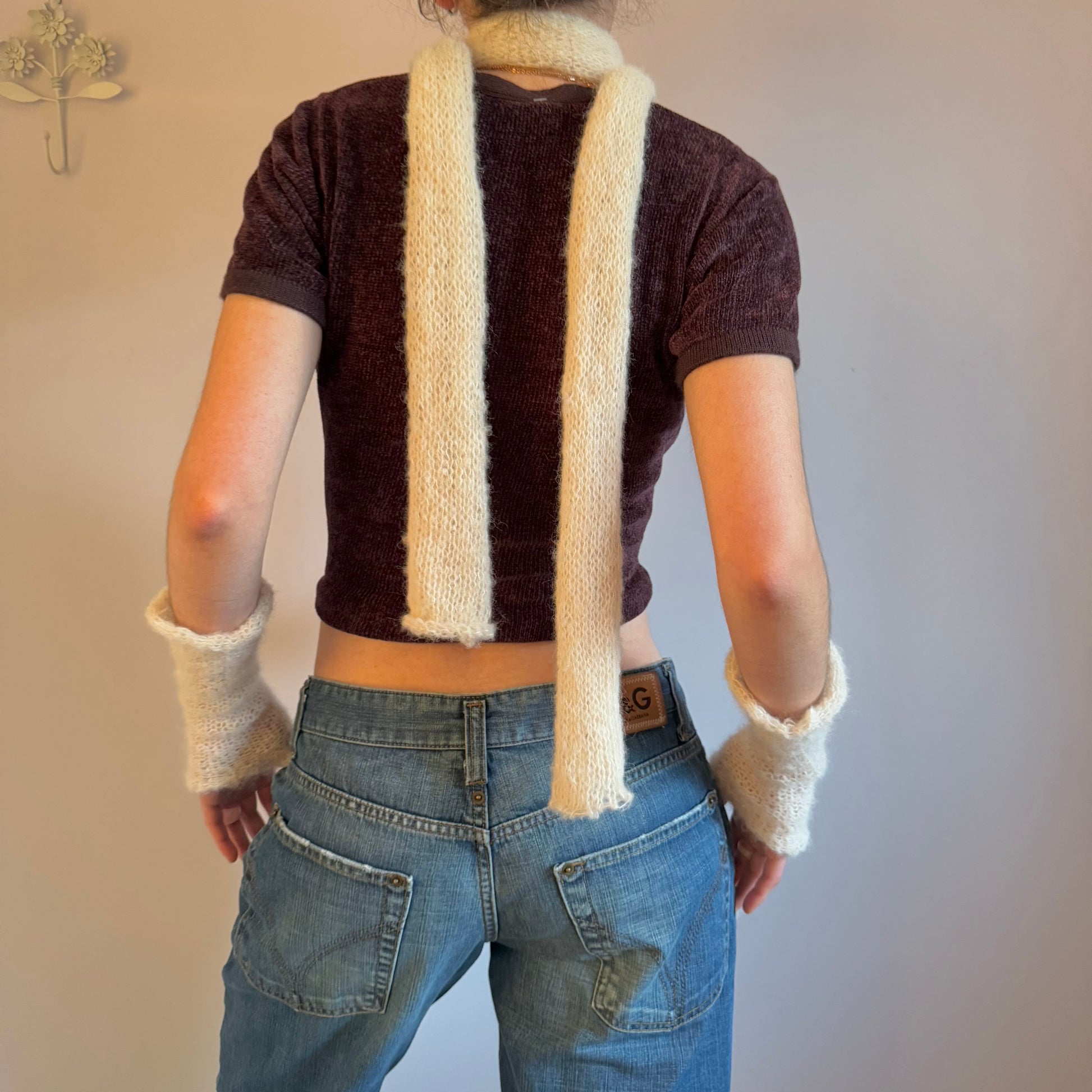 mohair cream skinny scarf from back