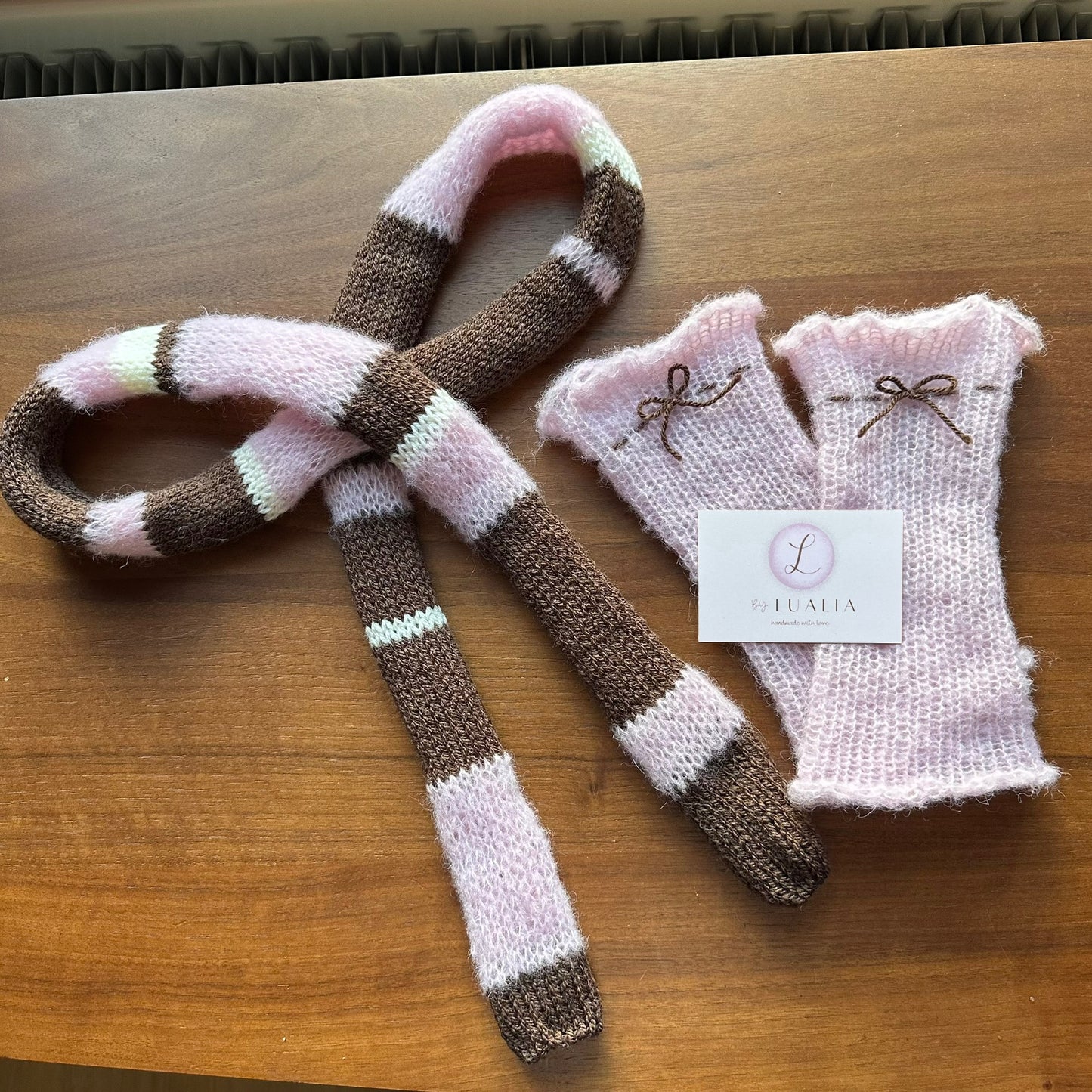Handmade knitted brown, cream and baby pink striped skinny scarf