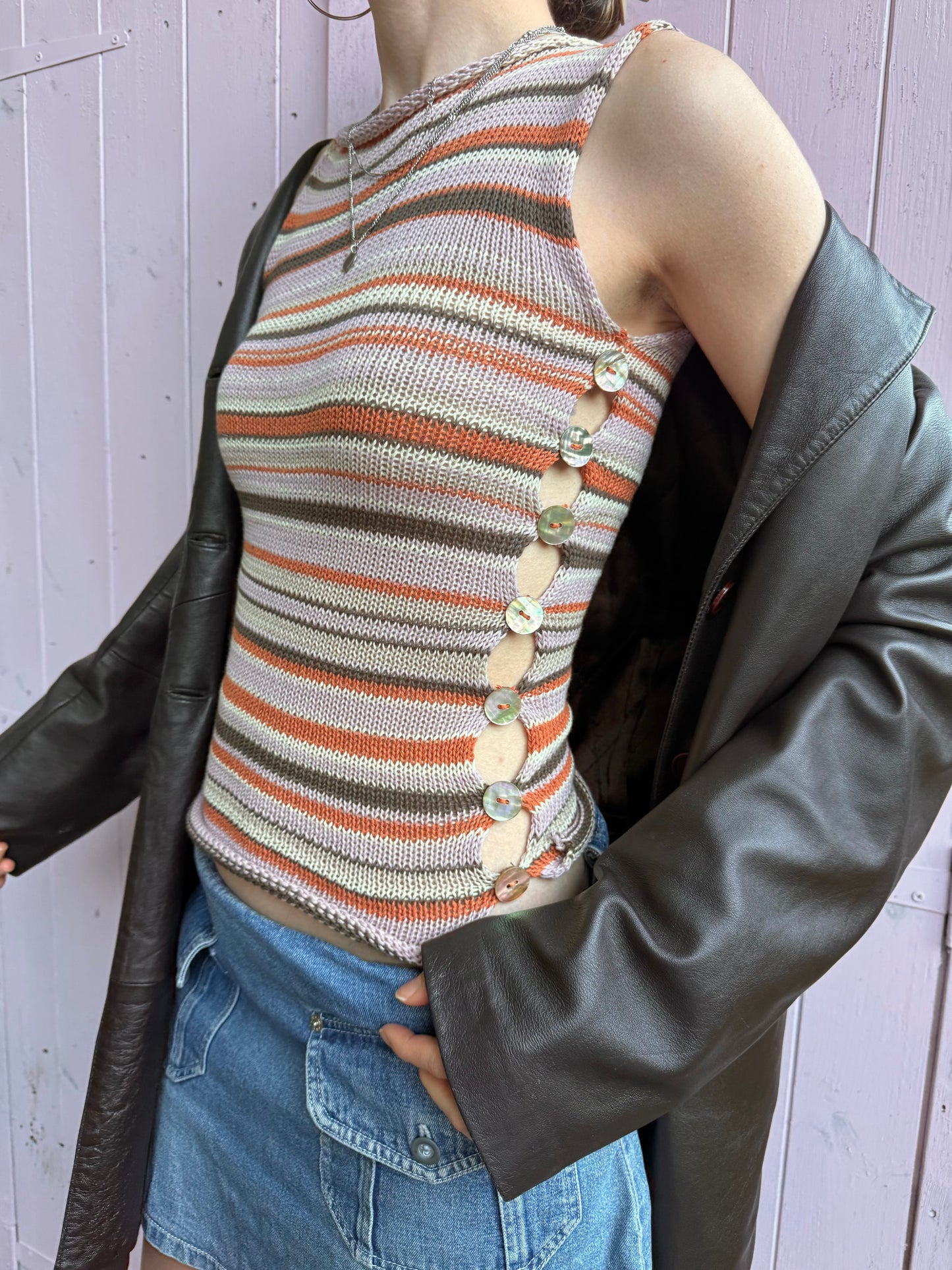 Handmade retro striped Pearl Vest with abalone shell buttons