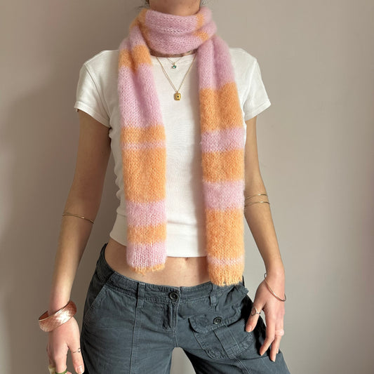 Handmade knitted baby pink and orange fluffy mohair striped scarf