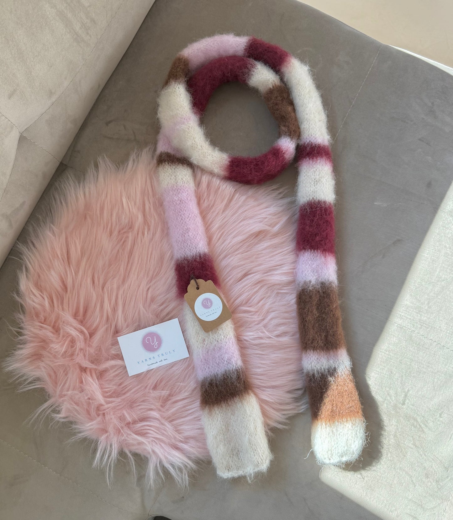 Handmade cream, burgundy, brown and baby pink fluffy striped scarf - choose full width or skinny 🌸