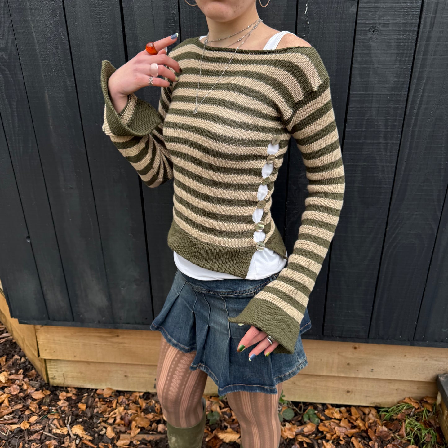 Pearl Long Sleeve in striped khaki & beige - handmade knit jumper with abalone shell buttons