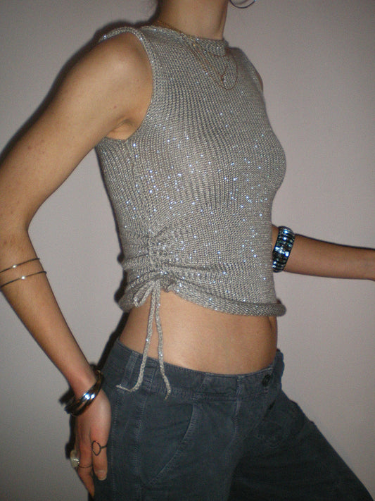 Handmade silver metallic ruched knitted vest