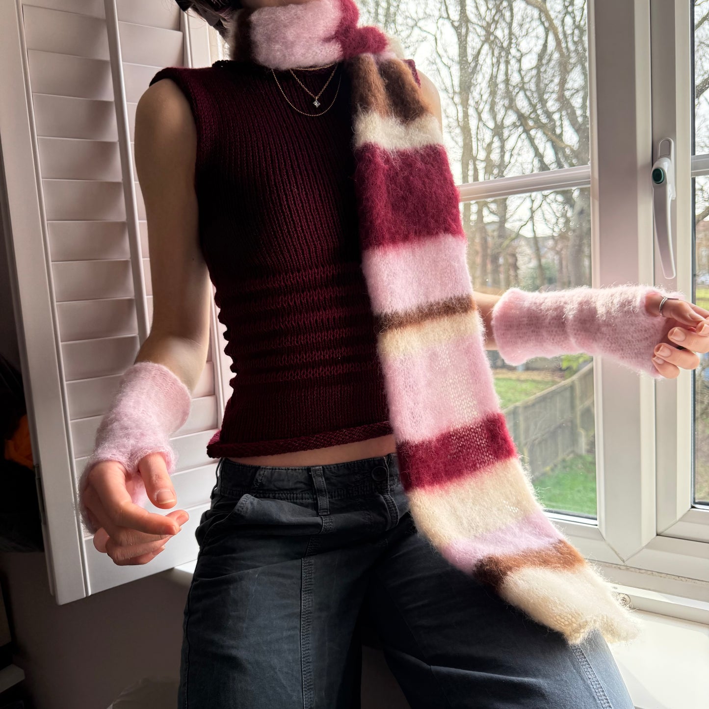 Handmade cream, burgundy, brown and baby pink fluffy striped scarf - choose full width or skinny 🌸