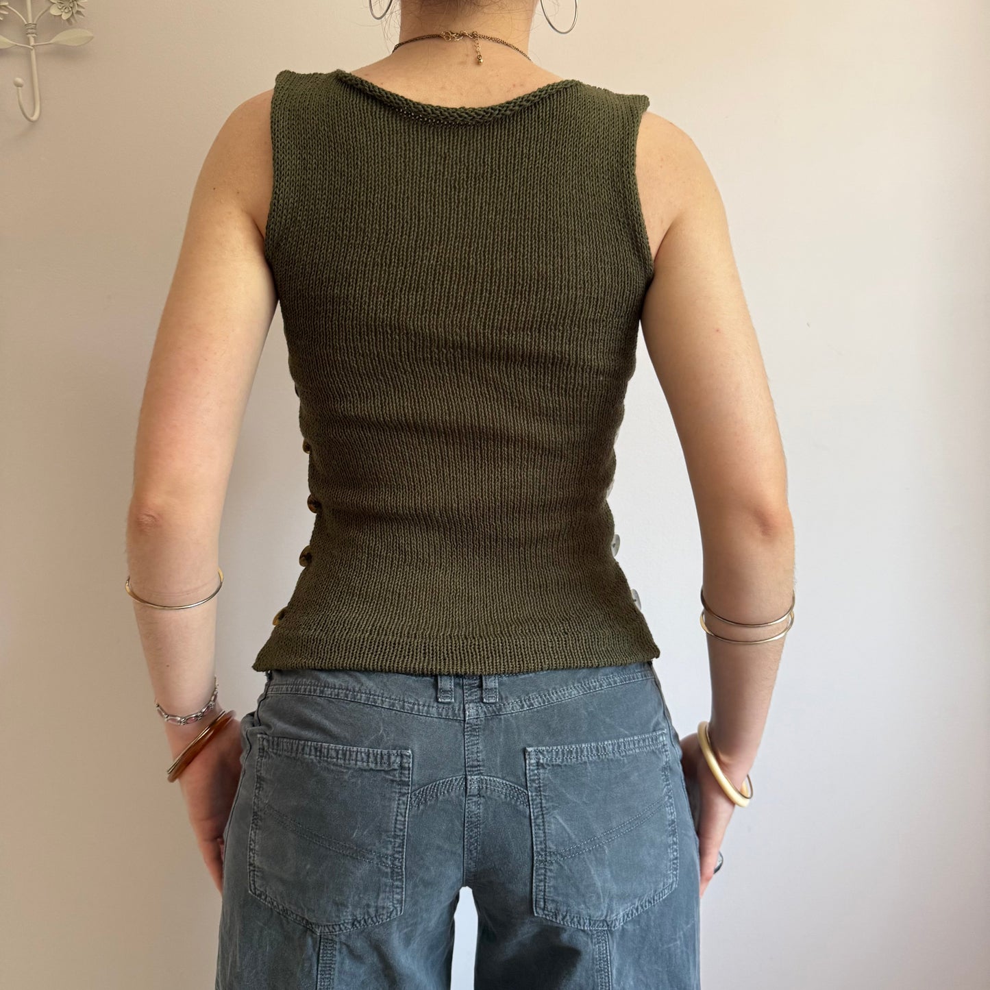 The Pearl Vest in khaki green - choose from 2 design options (pre-made with buttons on both sides in S)
