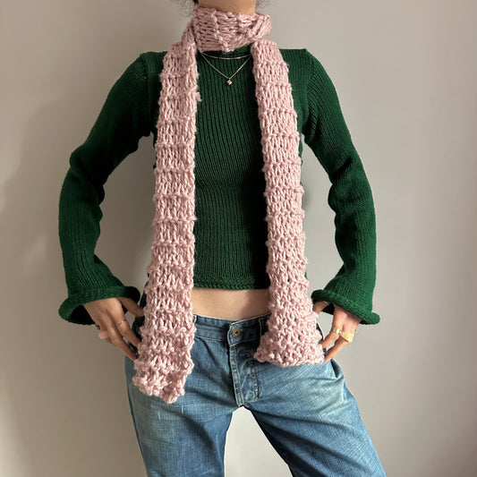 Handmade chunky fishnet knitted scarf in baby pink