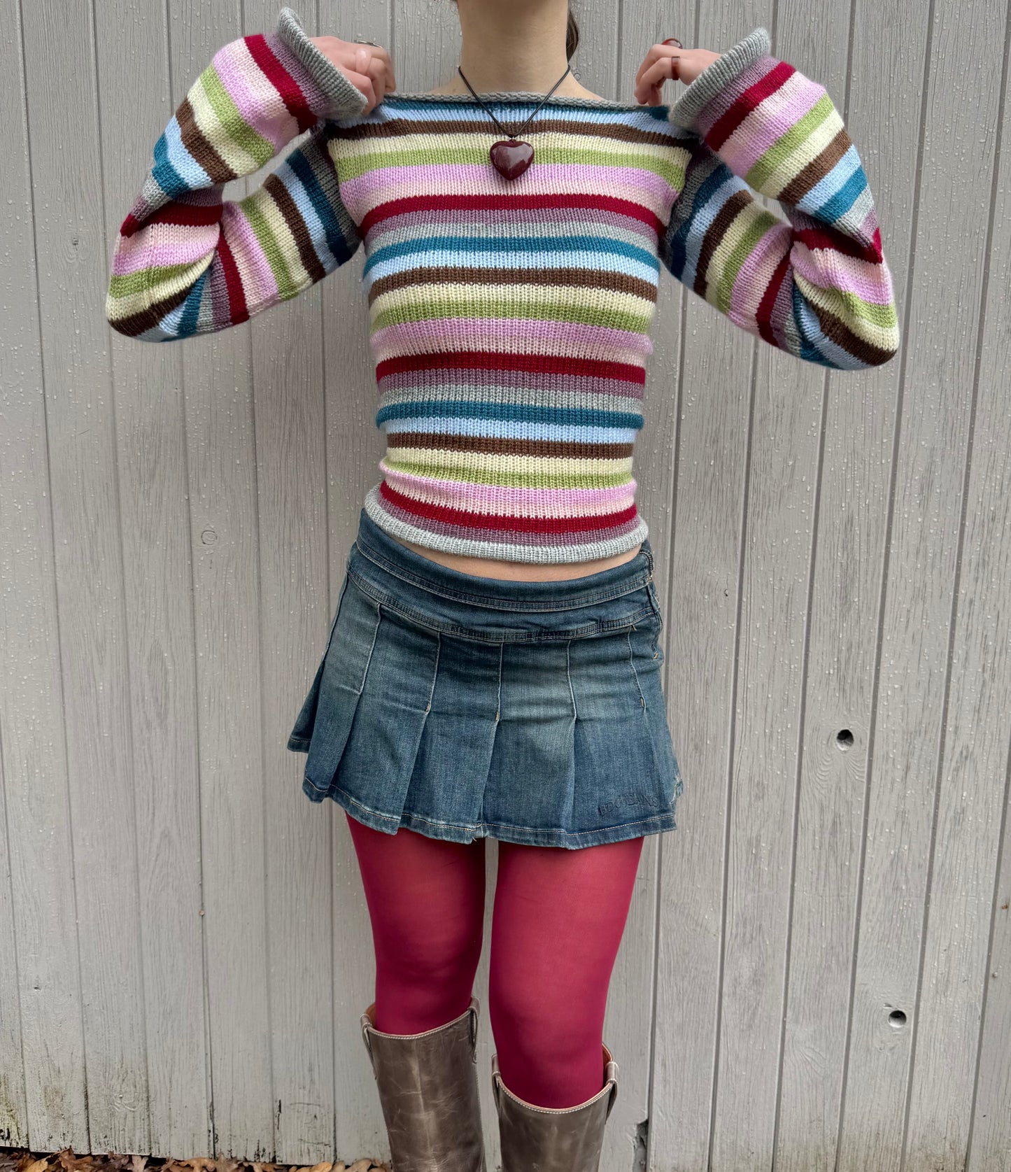 Handmade multicoloured striped knitted jumper with flared sleeves - made to order