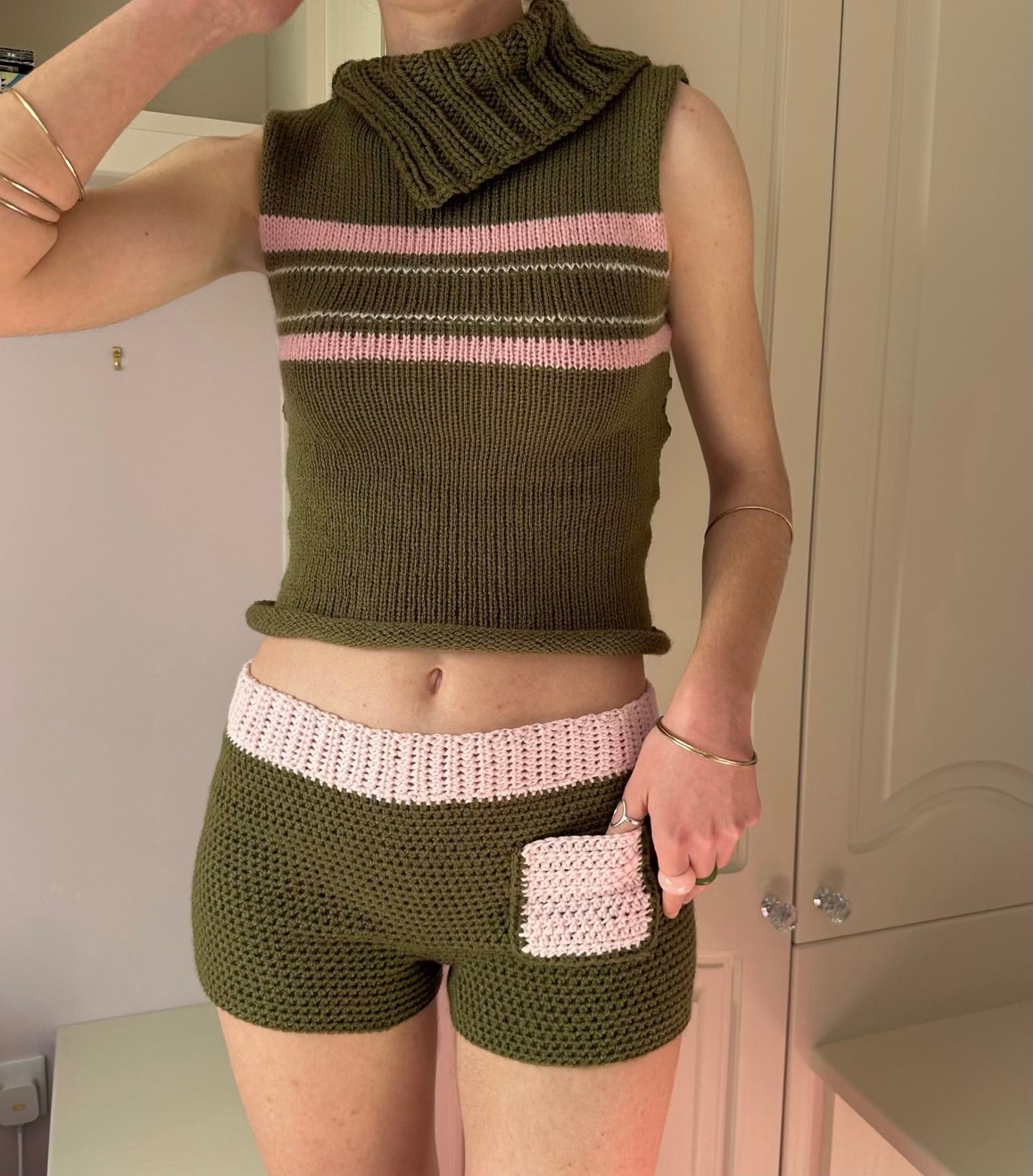 The Jade Shorts - handmade crochet shorts in khaki and baby pink with pocket
