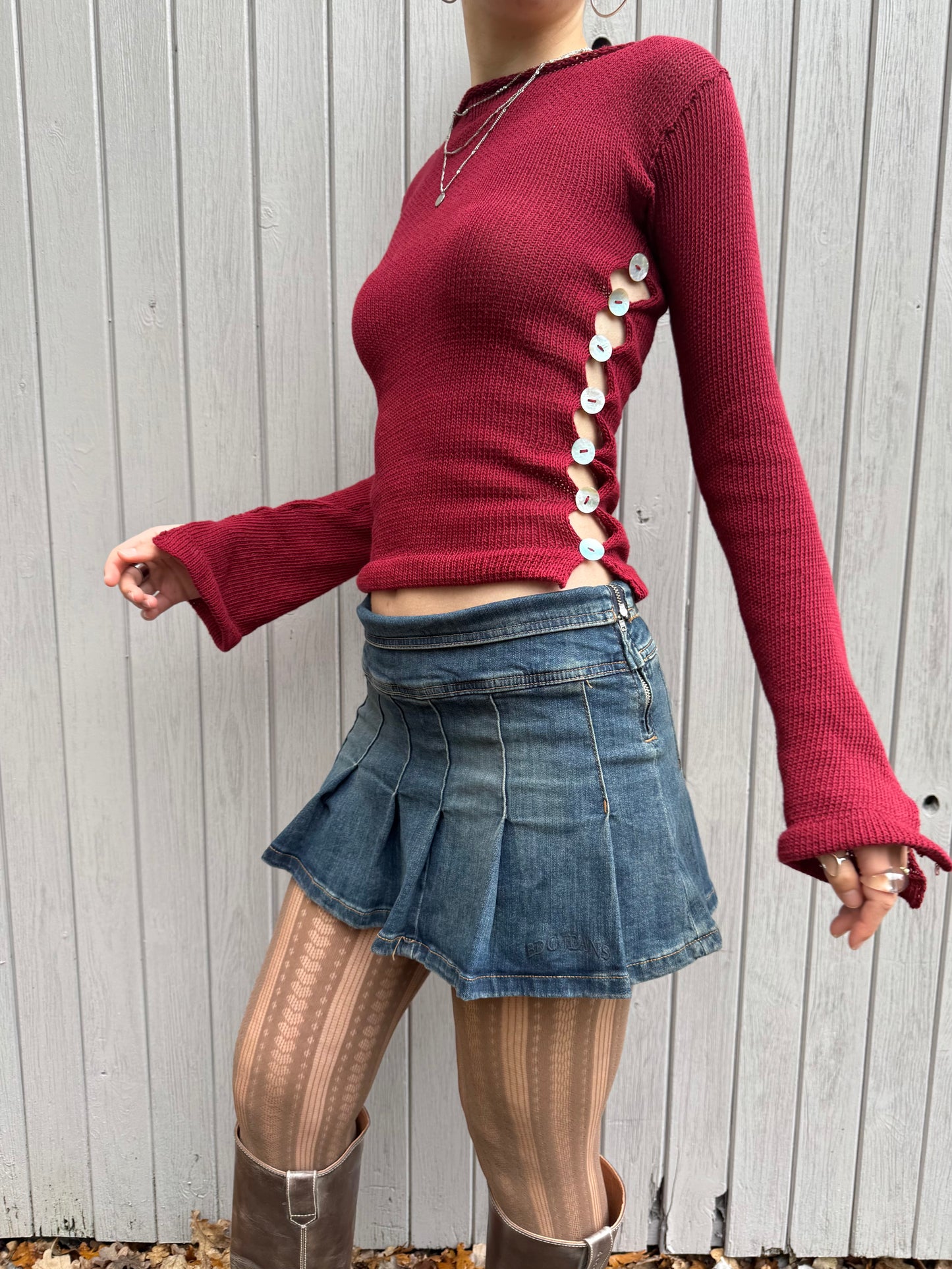 Pearl Long Sleeve in cherry red - handmade knit jumper with mother of pearl buttons