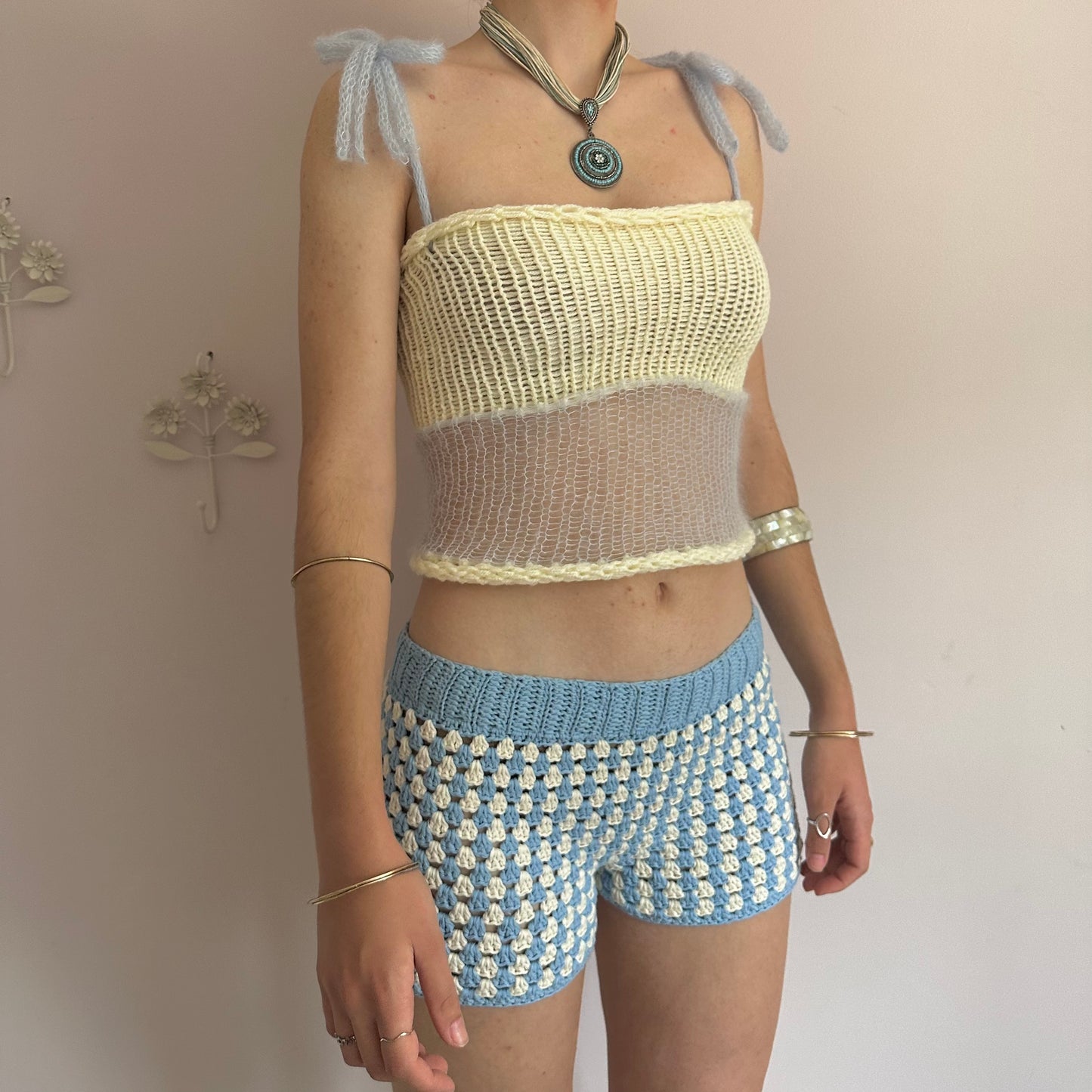 Handmade gingham crochet shorts in baby blue and cream