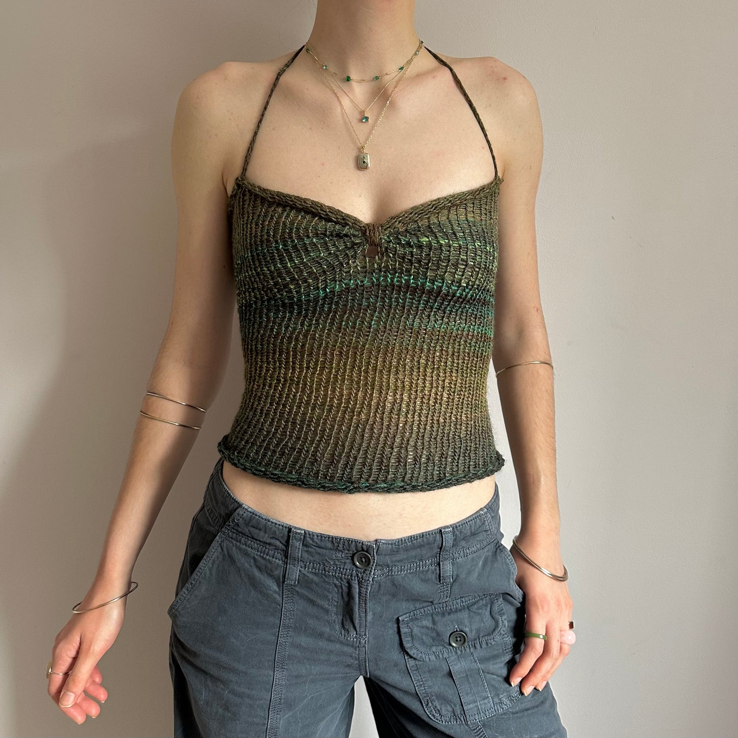 Handmade green and brown ruched bust ombré knitted halter top
