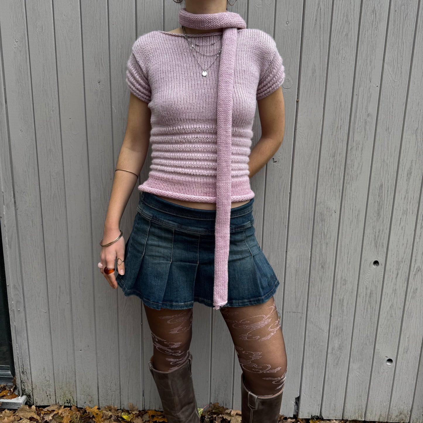 Handmade knitted skinny scarf in dusky pink - pre made