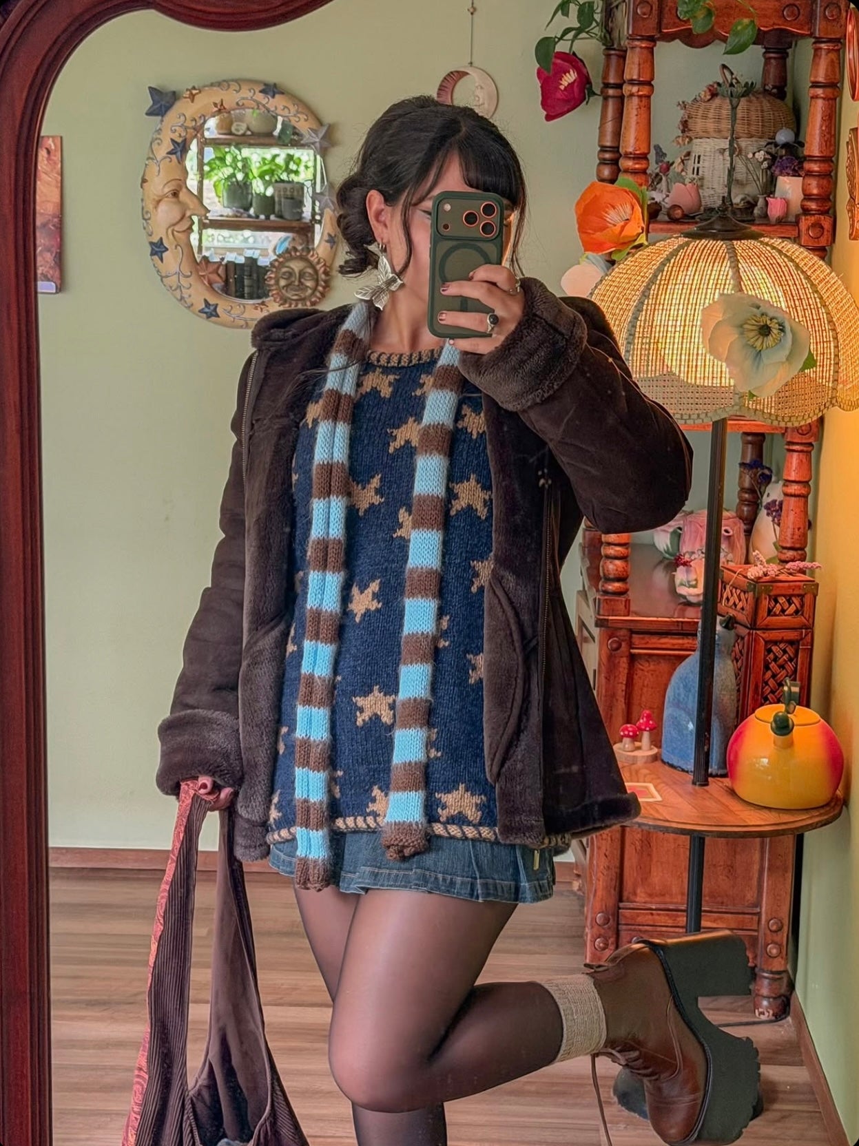 Handmade knitted brown and baby blue mohair striped skinny scarf