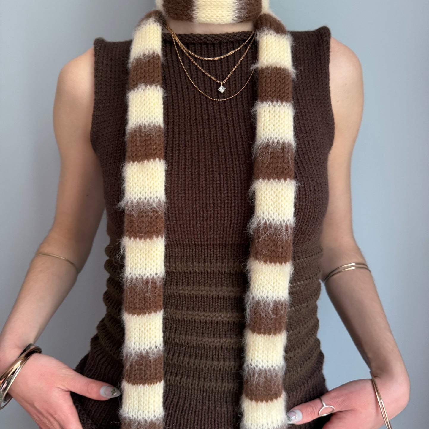Handmade knitted brown and light yellow mohair striped skinny scarf