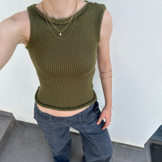 Handmade khaki green off the shoulder knit vest