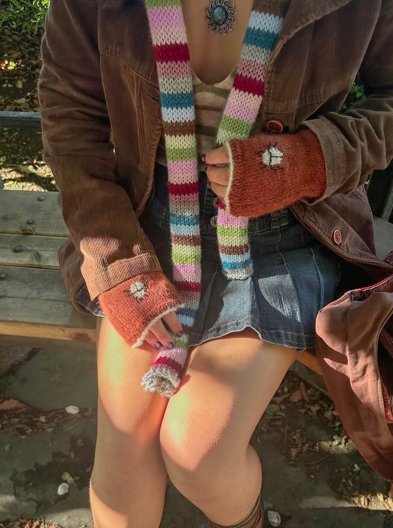 Handmade knitted multicoloured striped skinny scarf