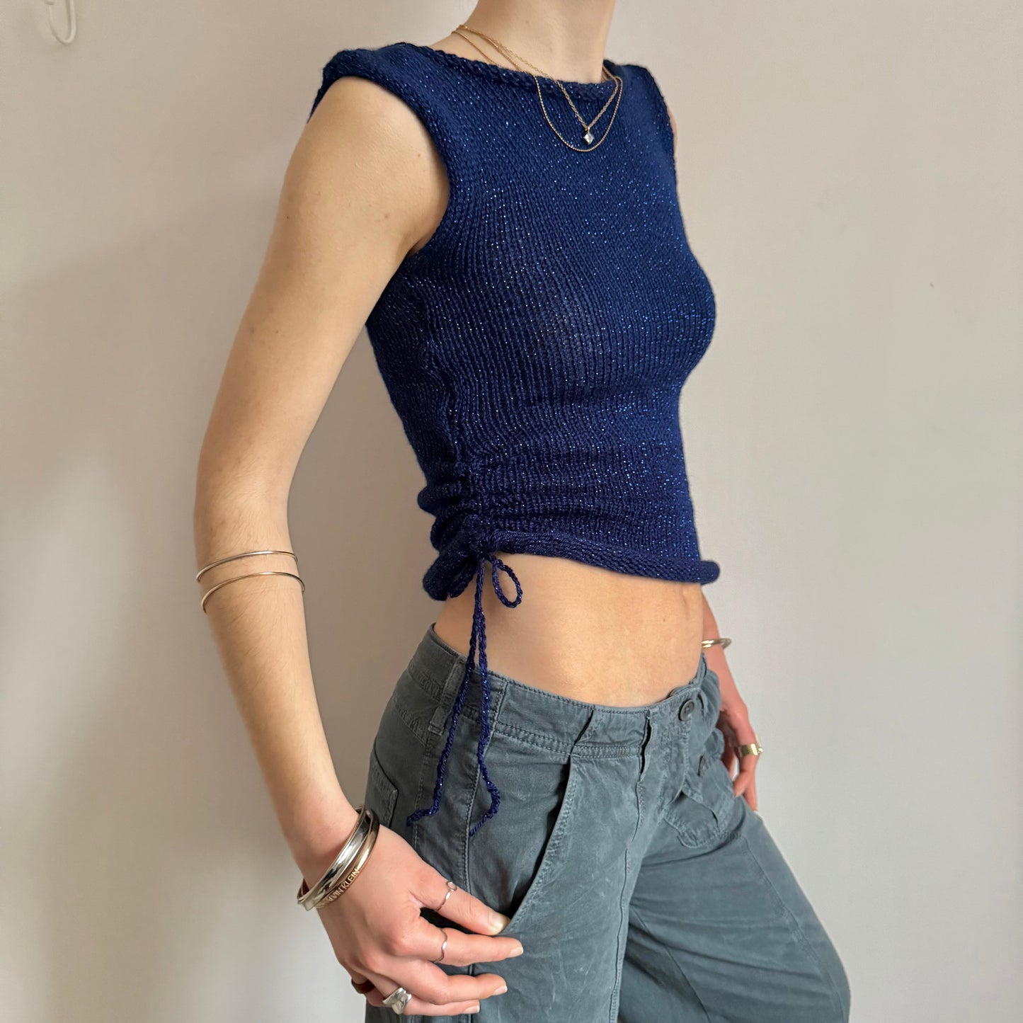 Handmade dark blue metallic ruched knitted vest