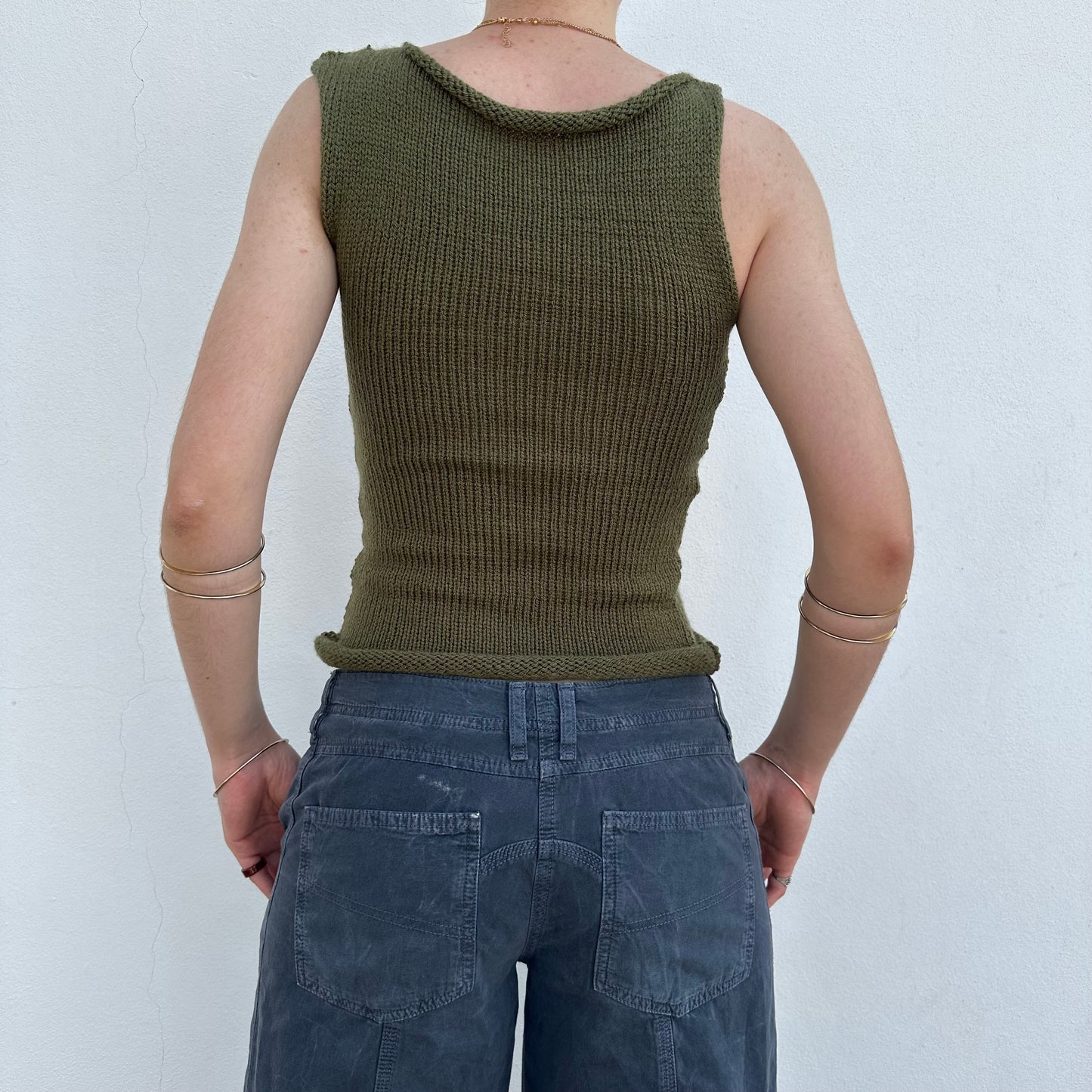 Handmade khaki green off the shoulder knit vest