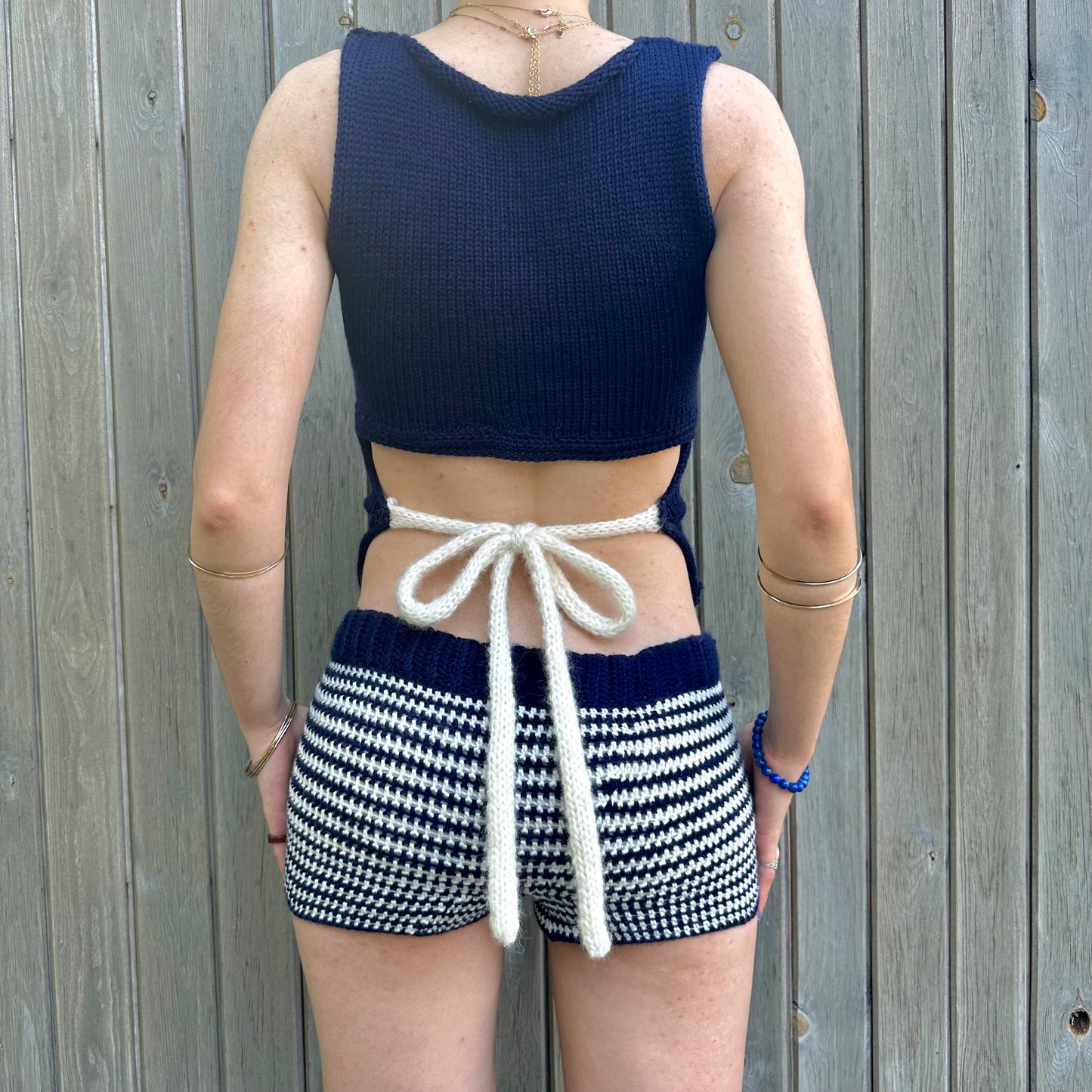 The Blueberry Vest: handmade navy blue and cream striped vest top - choose with or without bow back