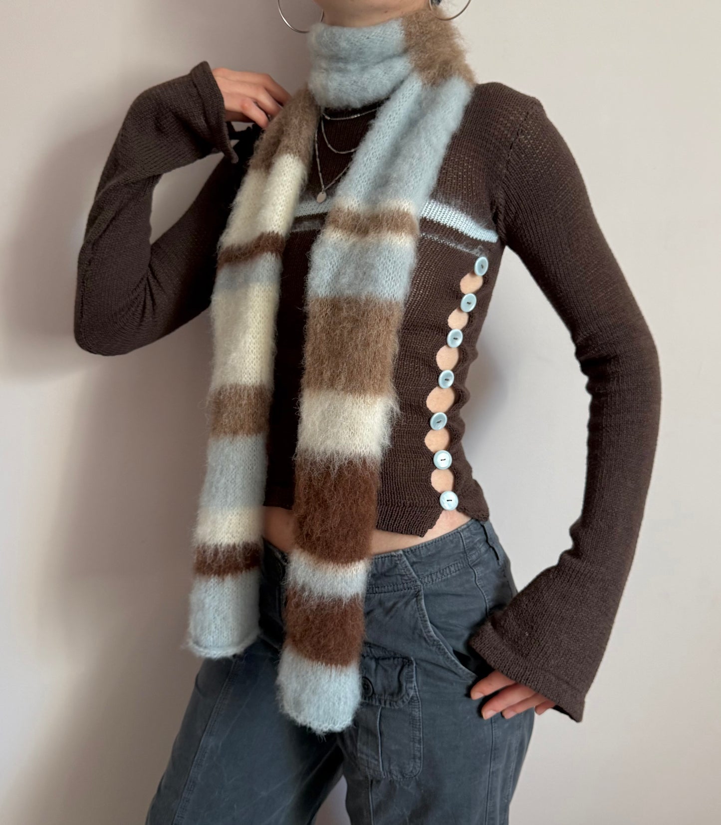 Handmade fluffy baby blue, cream and brown striped scarf - made to order