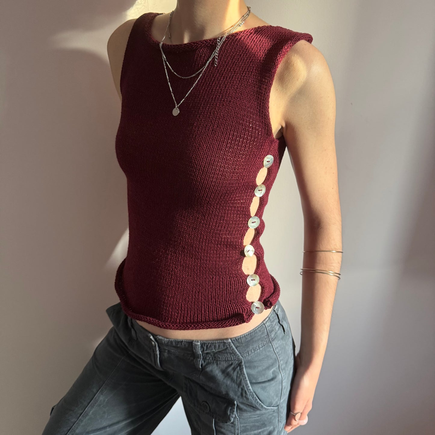 Handmade knitted Pearl Vest - burgundy (pre made in size S).