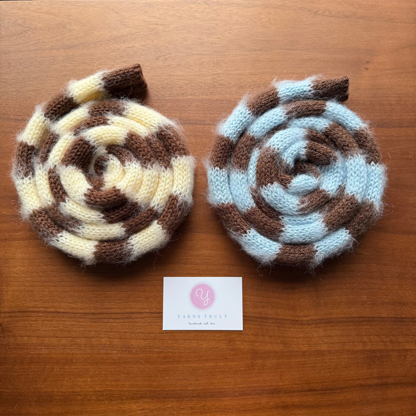 Handmade knitted brown and light yellow mohair striped skinny scarf