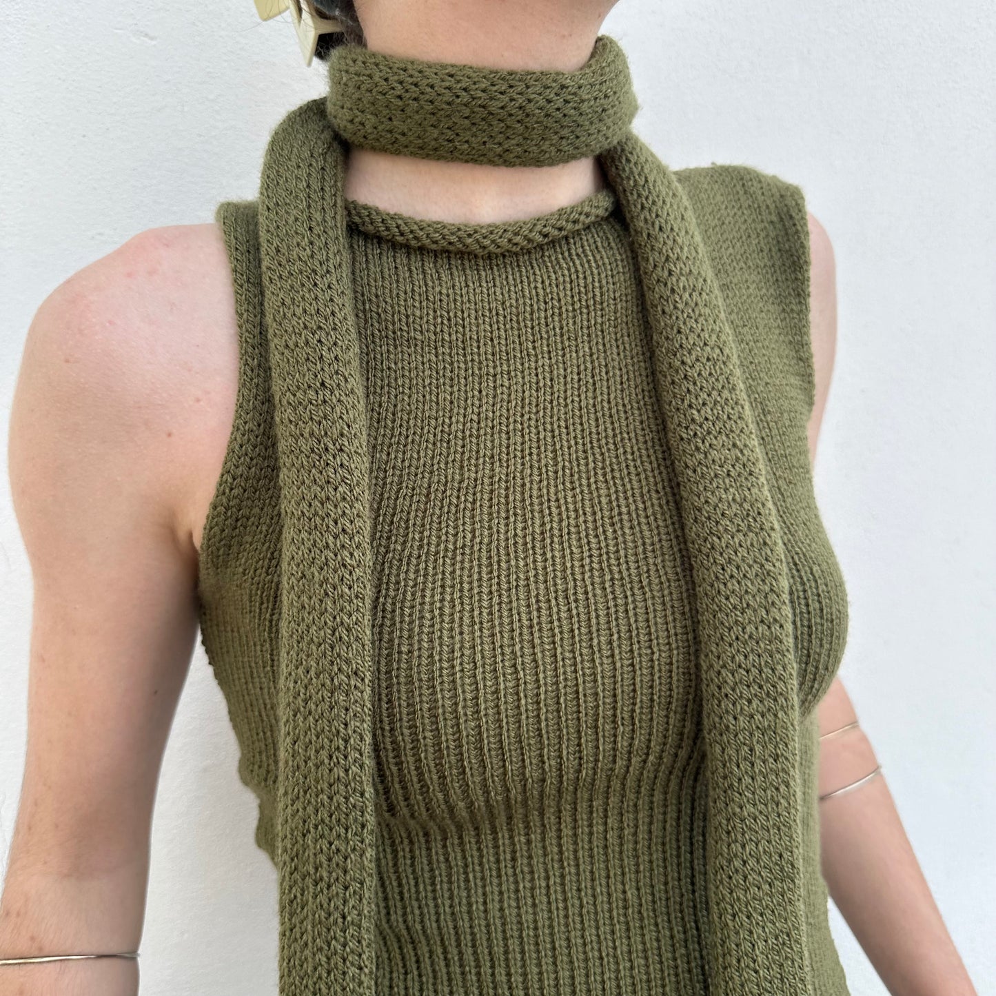 Handmade khaki green off the shoulder knit vest