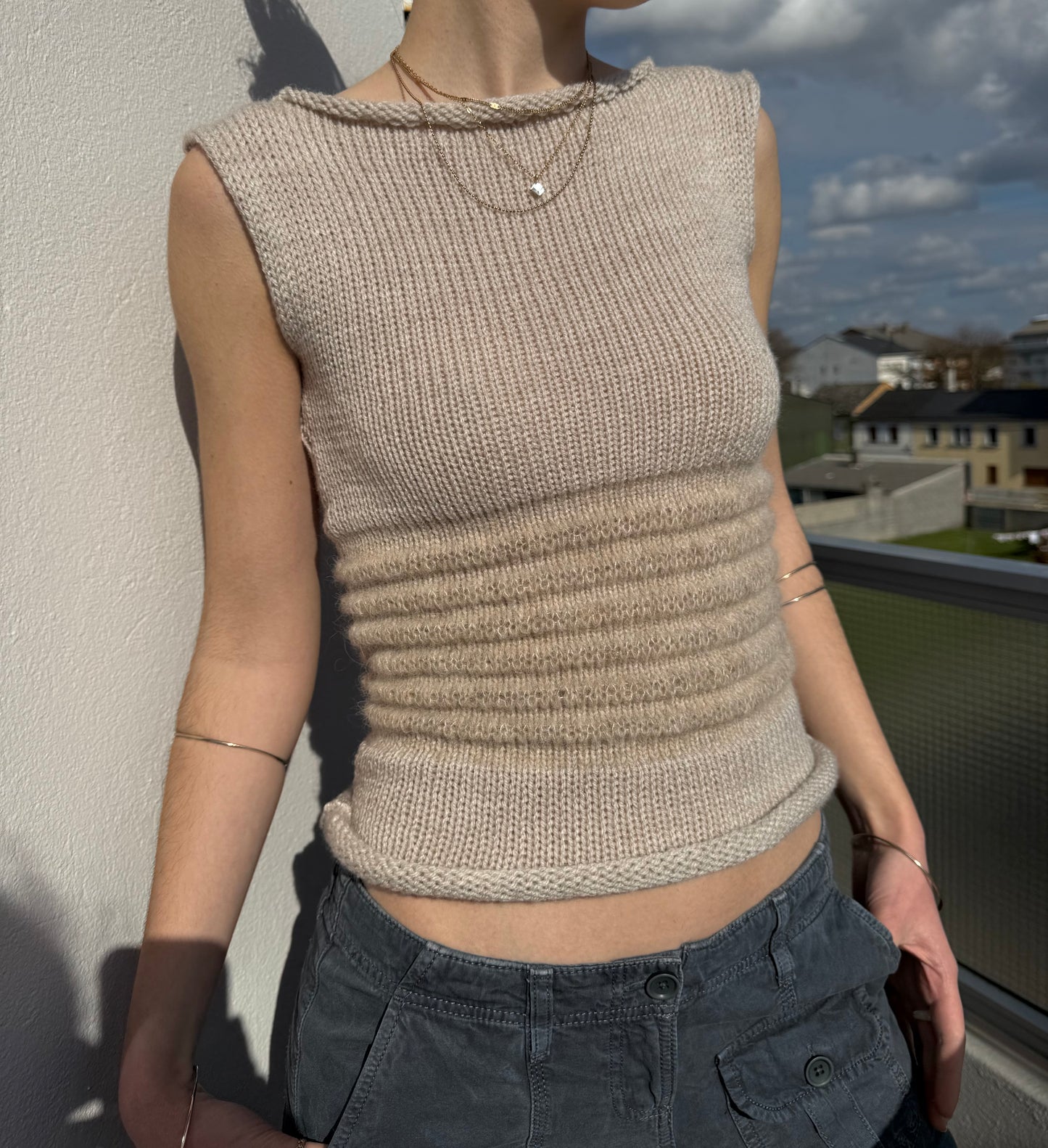 Handmade beige shirred knitted vest - mohair blend
