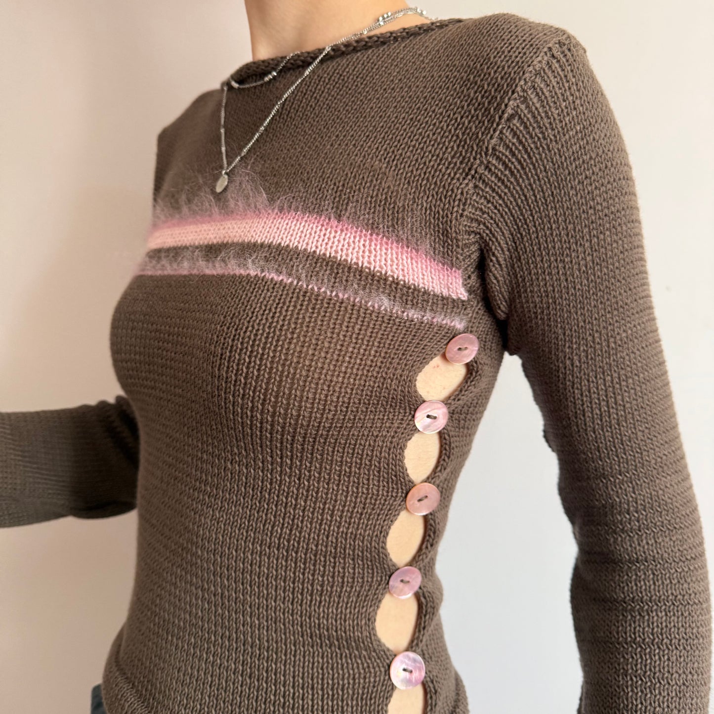 Pearl Long Sleeve in mocha - handmade striped knit jumper with pink mother of pearl buttons