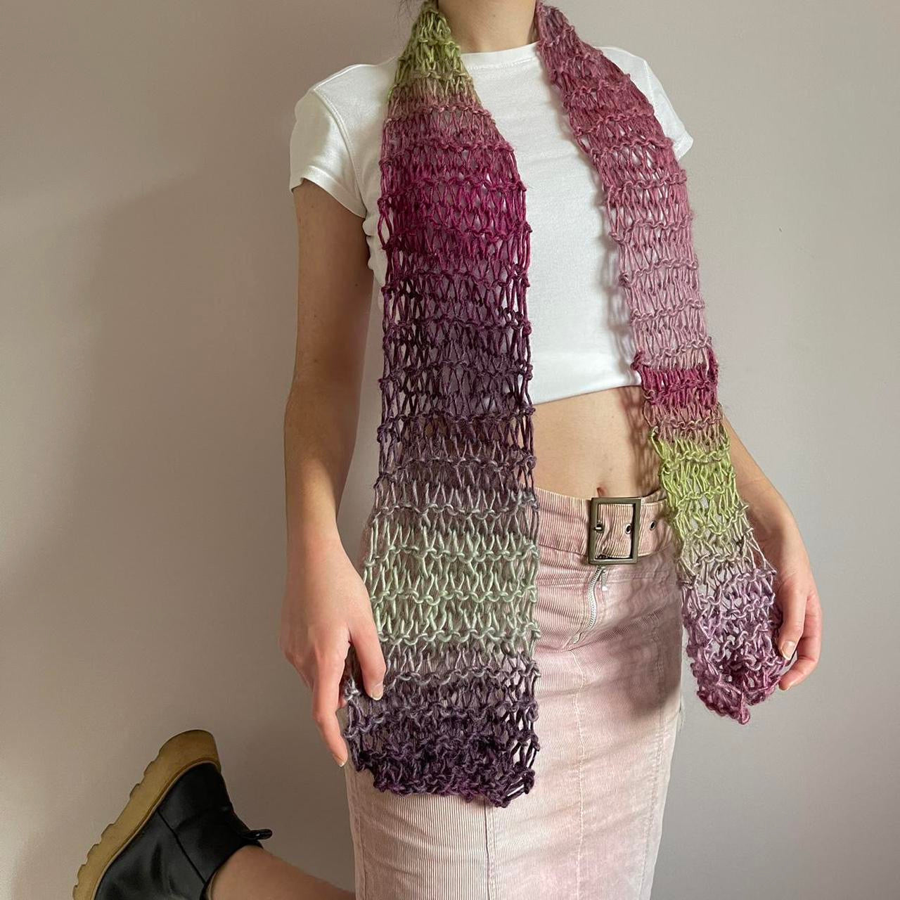 Handmade fishnet knitted scarf in ombré green and purple