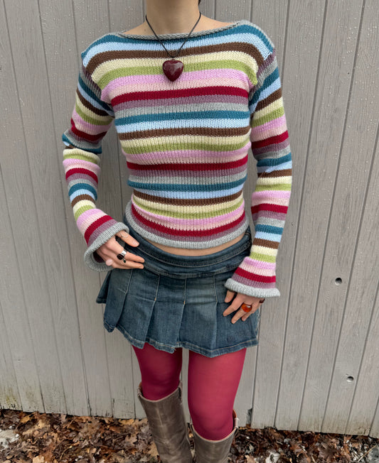 Handmade multicoloured striped knitted jumper with flared sleeves - made to order