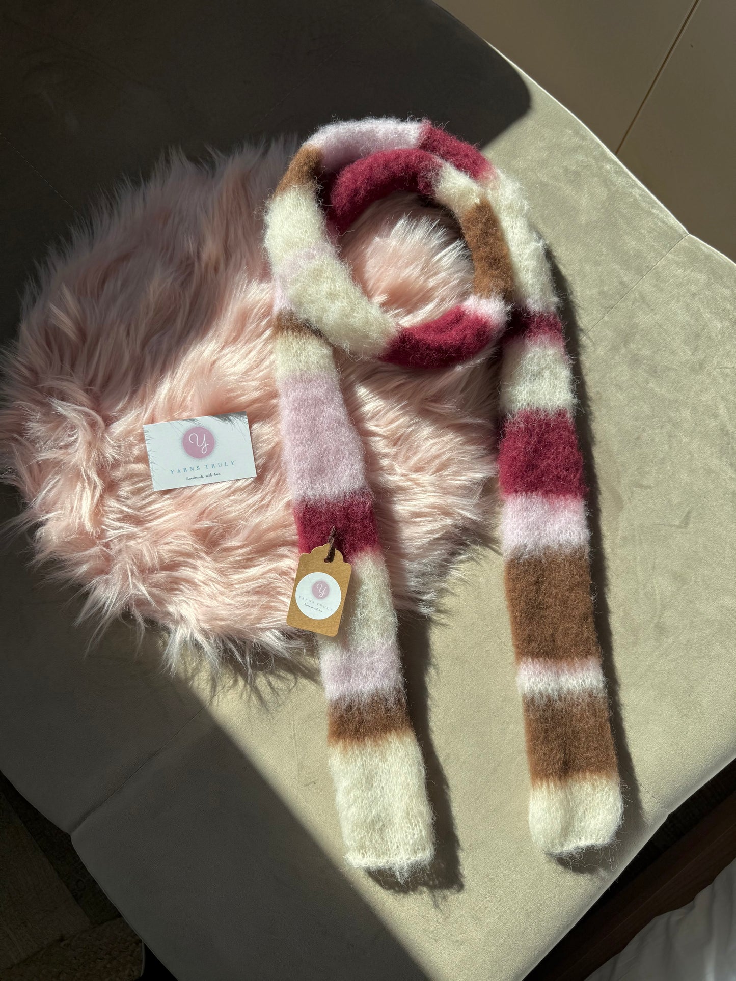 Handmade cream, burgundy, brown and baby pink fluffy striped scarf - choose full width or skinny 🌸