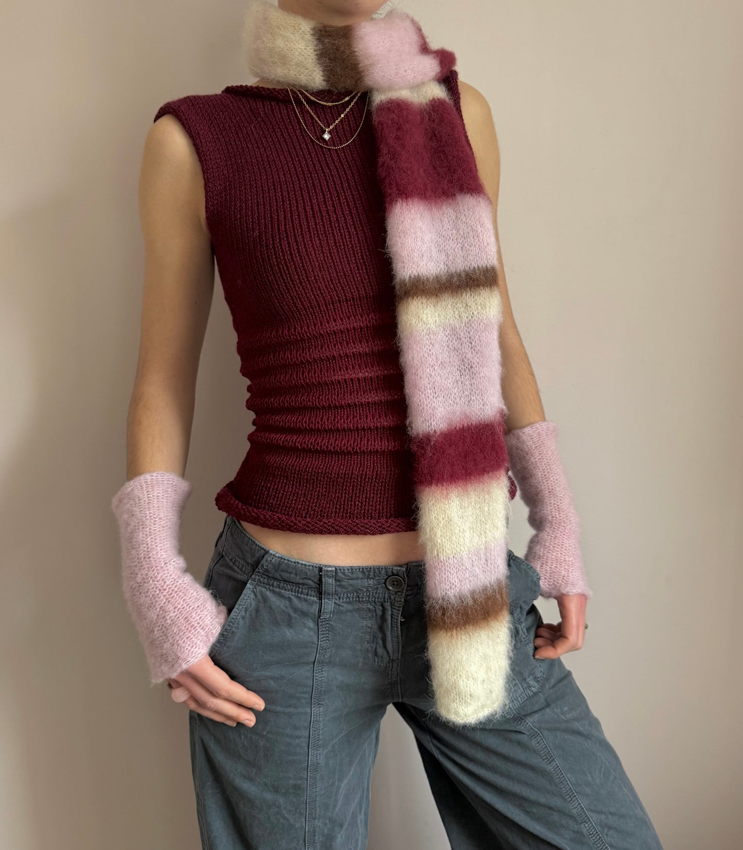 Handmade cream, burgundy, brown and baby pink fluffy striped scarf - choose full width or skinny 🌸