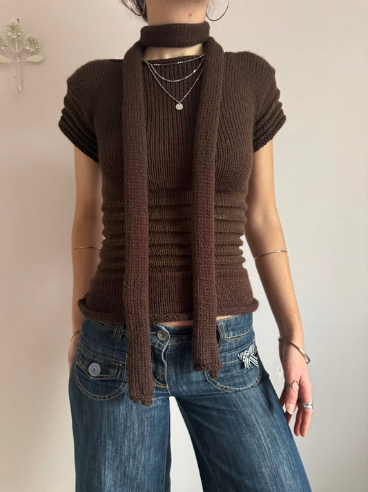 The Ripple Tee in brown - handmade shirred top with puff sleeves (pre made in size M)