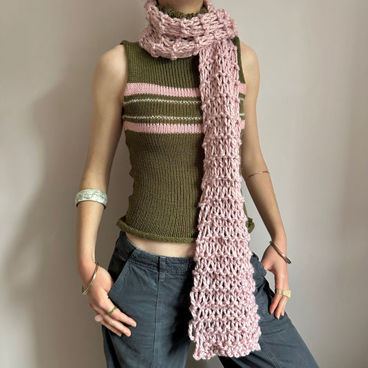Handmade chunky fishnet knitted scarf in baby pink